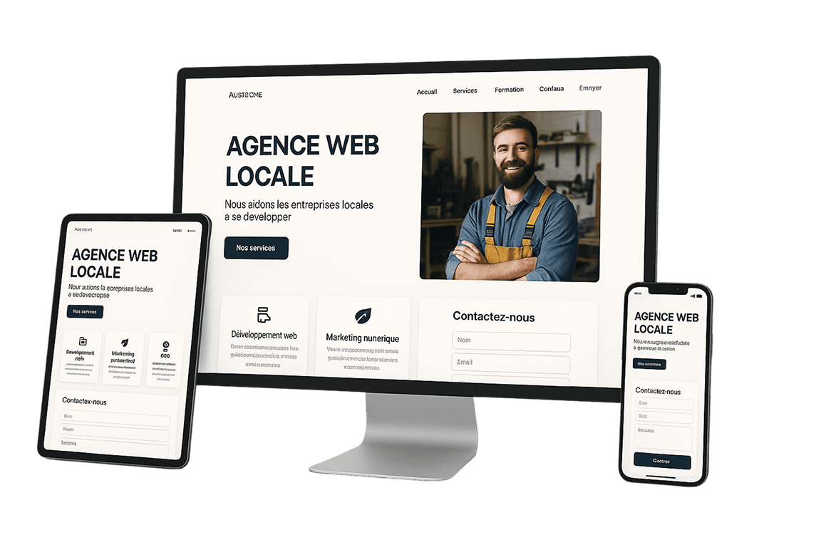 Mockup site web professionnel pour petites entreprises et artisans - affichage responsive sur desktop, tablette et smartphone - Pentaa Studio